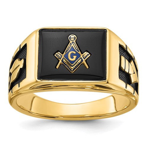 14k men's textured Masonic ring with black enamel and onyx, featuring intricate details in Solomon Jewelers jewelry collection.