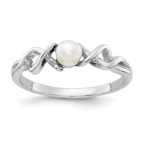 14k white gold cultured pearl ring with a 4mm round pearl, crafted by Solomon Jewelers, showcasing elegant jewelry design.