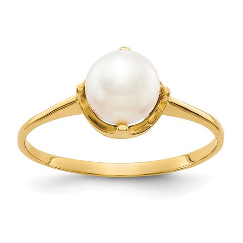 14k gold cultured pearl ring featuring a 6.5mm pearl, elegant jewelry piece by Solomon Jewelers.