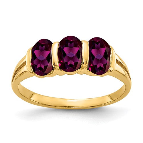 14k gold oval Rhodolite Garnet ring featuring a 6x4mm gemstone, crafted by Solomon Jewelers.