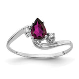 14k white gold ring featuring a 6x4mm pear-shaped rhodolite garnet and AA diamonds, elegant jewelry by Solomon Jewelers