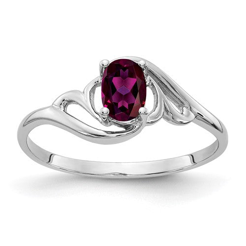 14k white gold oval Rhodolite Garnet ring with 6x4mm gemstone, featuring elegant jewelry design by Solomon Jewelers.