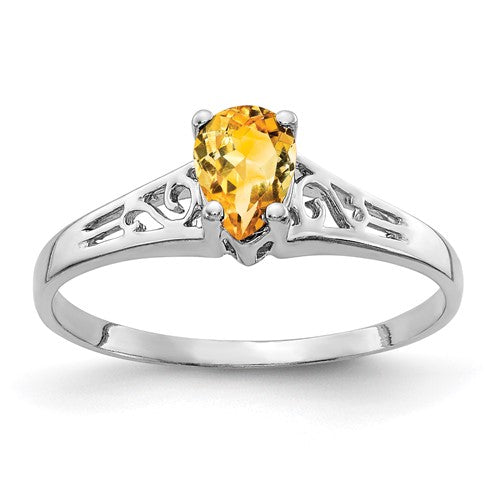 14k white gold pear-shaped citrine ring with 6x4mm gemstone, designed by Solomon Jewelers.