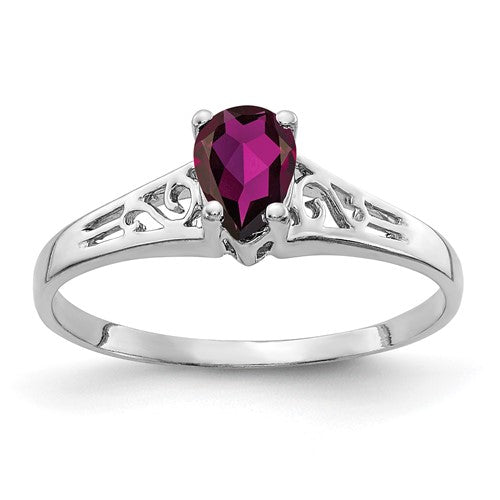 14k white gold ring featuring a 6x4mm pear-shaped rhodolite garnet gemstone, elegant jewelry design.