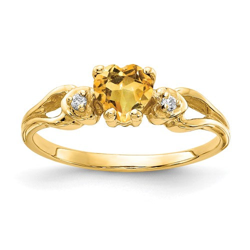 14k gold heart citrine and diamond ring with 5mm band, featuring elegant jewelry design from Solomon Jewelers