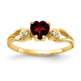 14k gold heart-shaped garnet ring with AA diamonds, showcasing a romantic jewelry design with sparkling accents.