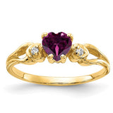 14k gold ring with a 5mm heart-shaped Rhodolite Garnet and diamond accents from Solomon Jewelers.