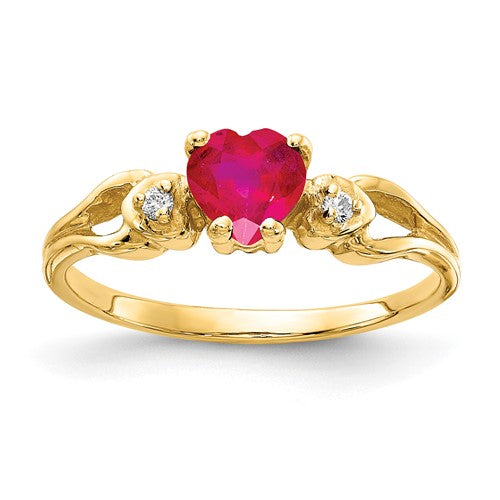 14k gold heart-shaped ruby and AA diamond ring, jewelry ring with 5mm band from Solomon Jewelers, elegant and romantic design.