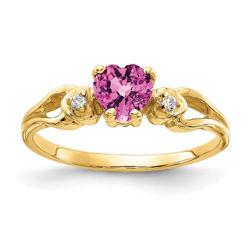 14k gold ring with 5mm pink sapphire heart and AA diamond accents, jewelry ring featuring elegant design
