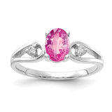14k white gold oval pink sapphire and AA diamond ring, 7x5mm, elegant jewelry piece with sparkling gemstones.