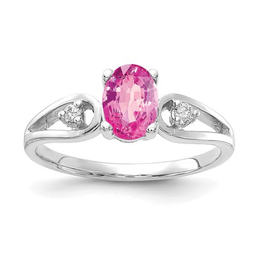 14k white gold oval pink sapphire and AA diamond ring, 7x5mm, elegant jewelry piece with sparkling gemstones.