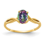 14k gold oval fire topaz ring with 7x5mm gemstone, elegant jewelry ring by Solomon Jewelers, showcasing the sparkling stone.