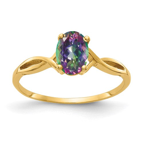 14k gold oval fire topaz ring with 7x5mm gemstone, elegant jewelry ring by Solomon Jewelers, showcasing the sparkling stone.