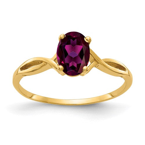 14k gold oval Rhodolite Garnet ring with 7x5mm gemstone, jewelry ring featuring vibrant red color and elegant design