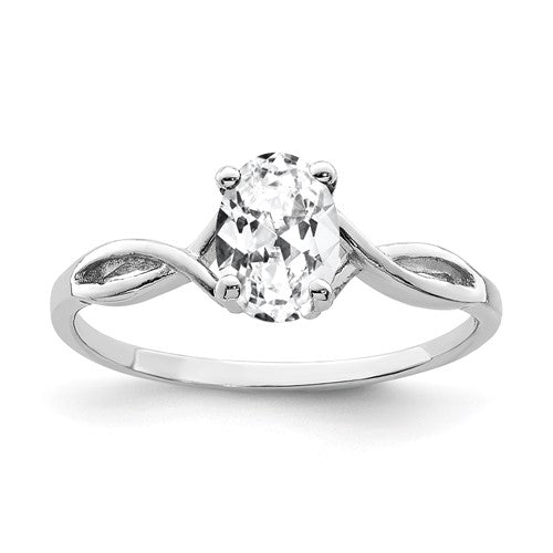 14k white gold ring featuring a 7x5mm oval cubic zirconia gemstone, elegant jewelry piece from Solomon Jewelers.