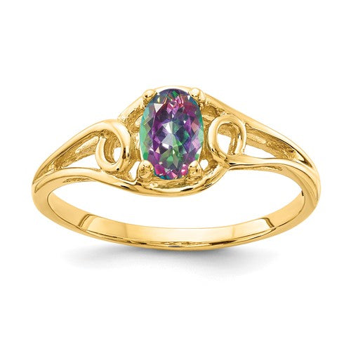 14k gold oval Fire Topaz ring featuring a 6x4mm gemstone, elegant jewelry piece from Solomon Jewelers.