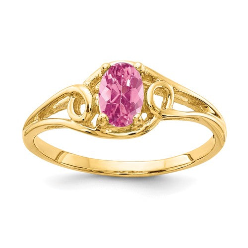 14k gold oval pink tourmaline ring with 6x4mm gemstone, showcasing elegant jewelry design.