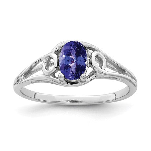 14k white gold oval Tanzanite ring with 7x5mm gemstone, elegant jewelry piece featuring a Solomon Jewelers design.