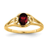14K gold oval garnet ring with 6x4mm gemstone, elegant jewelry piece featuring a polished band and vibrant red stone.