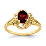 14k gold oval garnet ring with 7x5mm gemstone, elegant jewelry piece showcasing deep red color and fine craftsmanship.