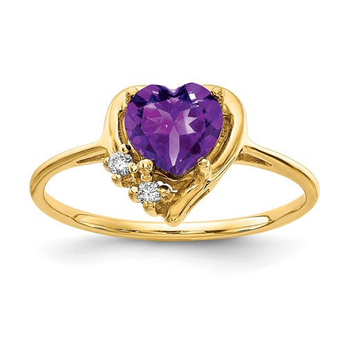 14k gold heart-shaped amethyst ring with AA diamonds, jewelry ring featuring a 6mm gemstone and intricate design.
