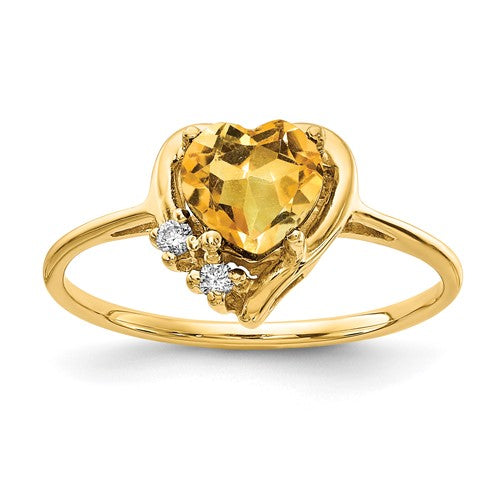 14k gold heart-shaped Citrine ring with AA quality diamonds, featuring a 6mm band, crafted by Solomon Jewelers.