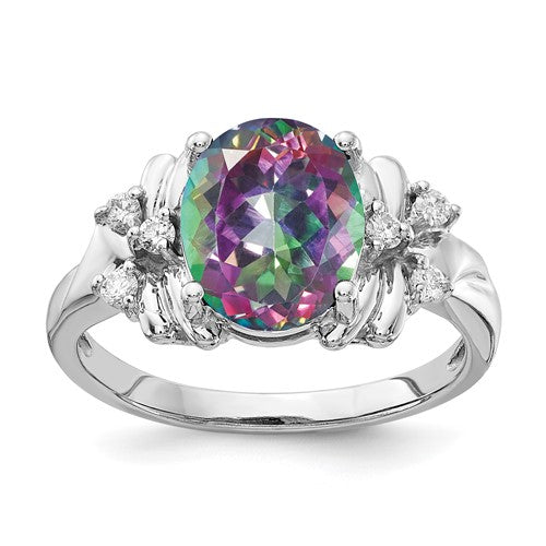 14k white gold ring featuring a 10x8mm oval fire topaz gemstone and AA-grade diamonds, from Solomon Jewelers.