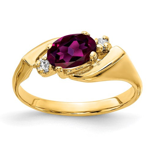 14k gold ring featuring a 7x5mm oval Rhodolite garnet with AA diamond accents, elegant jewelry ring from Solomon Jewelers