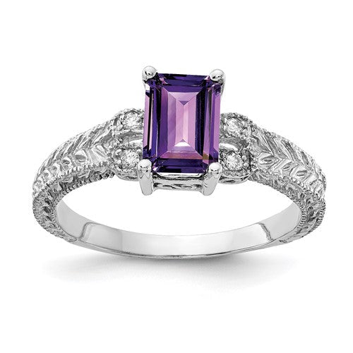 14k white gold ring with 7x5mm emerald cut amethyst and AA diamond accents, jewelry ring from Solomon Jewelers.