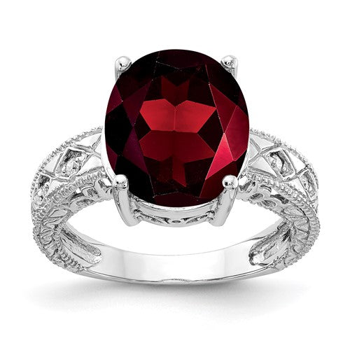 14k white gold oval garnet and diamond ring with AA quality diamonds, 12x10mm size, from Solomon Jewelers.
