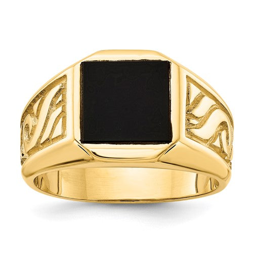 14k men's onyx ring featuring a polished black onyx stone set in a gold band, crafted by Solomon Jewelers.
