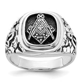 Men's 14kw antiqued textured Masonic ring with black enamel and diamond accents, crafted by Solomon Jewelers.