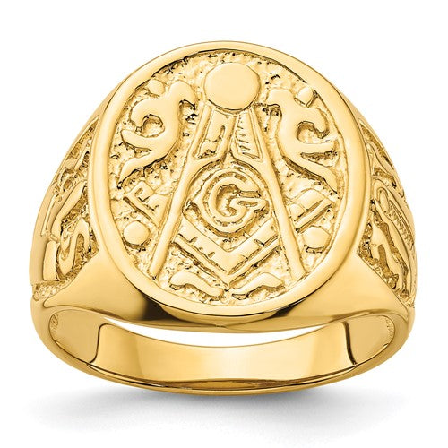 14k men's polished and grooved Masonic ring, gold jewelry with detailed design, from Solomon Jewelers.