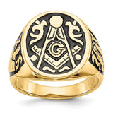 14k men's polished and grooved Masonic ring with black enamel, jewelry ring by Solomon Jewelers.