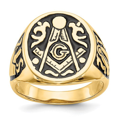 14k men's polished and grooved Masonic ring with black enamel, jewelry ring by Solomon Jewelers.