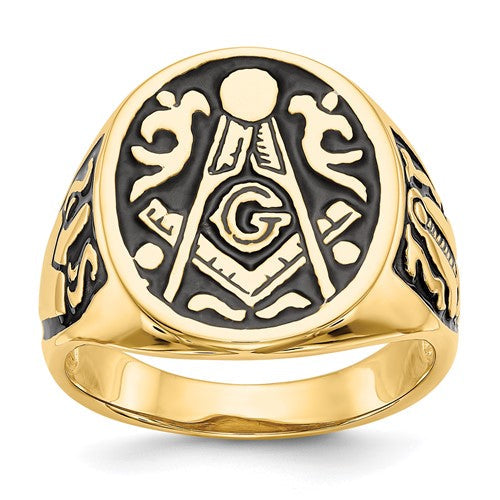 14k men's polished and grooved Masonic ring with black enamel, jewelry ring by Solomon Jewelers.