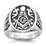 14k white gold men's Masonic ring with polished and grooved design and black enamel accents, jewelry by Solomon Jewelers