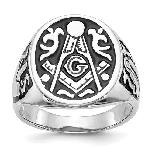 14k white gold men's Masonic ring with polished and grooved design and black enamel accents, jewelry by Solomon Jewelers