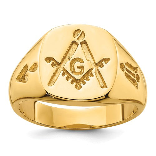 14k men's polished and grooved Masonic ring with no enamel, showcasing detailed design and craftsmanship.