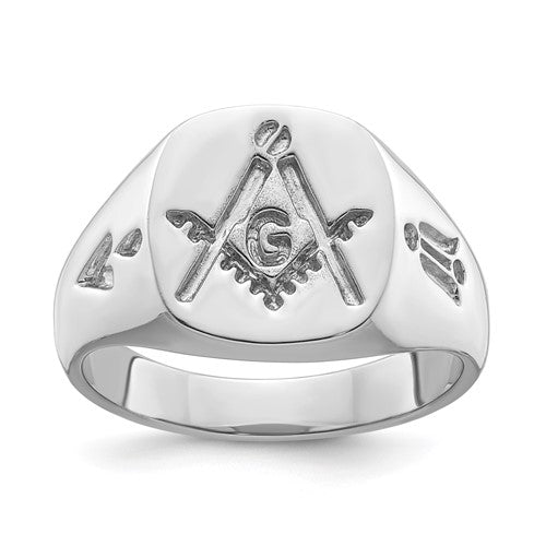 14k white gold men's Masonic ring with polished and grooved design, no enamel, showcasing detailed craftsmanship and classic style.