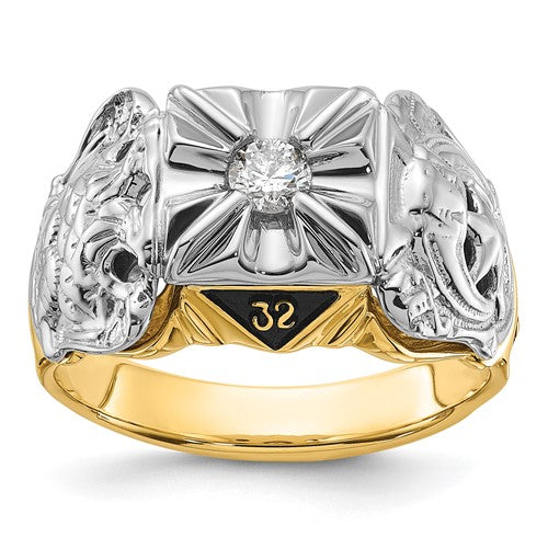 14kt men's textured Masonic ring with black enamel and diamond accents, crafted by Solomon Jewelers.