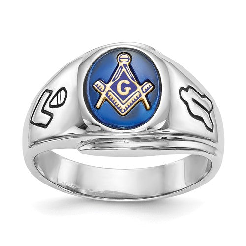 Men's 14kw polished and antiqued Masonic ring with imitation blue spinel, crafted by Solomon Jewelers.
