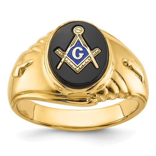 14k men's polished and textured Masonic ring with oval onyx, featuring intricate design and craftsmanship.