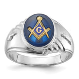Men's 14kw polished and textured Masonic ring with imitation blue spinel, crafted by Solomon Jewelers.