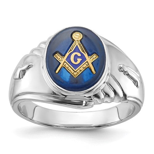 Men's 14kw polished and textured Masonic ring with imitation blue spinel, crafted by Solomon Jewelers.