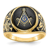 14k men's polished and textured Masonic ring with epoxy inlay and onyx detail, crafted by Solomon Jewelers.