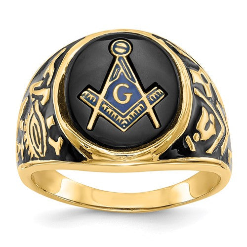 14k men's polished and textured Masonic ring with epoxy inlay and onyx detail, crafted by Solomon Jewelers.