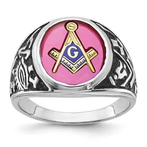 Men's 14kw gold Masonic ring with antiqued textured finish and lab-created ruby, crafted by Solomon Jewelers.