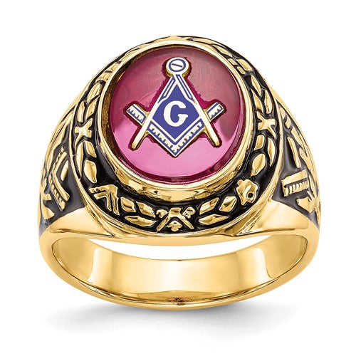 14k men's antiqued textured Masonic ring with lab-created ruby, crafted by Solomon Jewelers, featuring detailed design and gold finish.