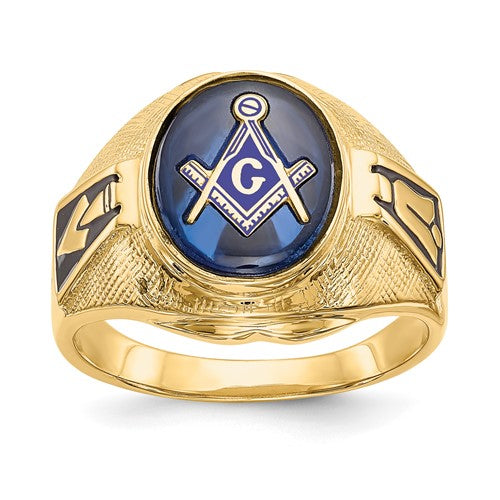 14k men's antiqued textured Masonic ring with synthetic blue spinel from Solomon Jewelers, showcasing detailed craftsmanship.